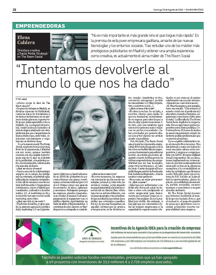 Entrevista a Elena Caldera en el Diario de Cádiz